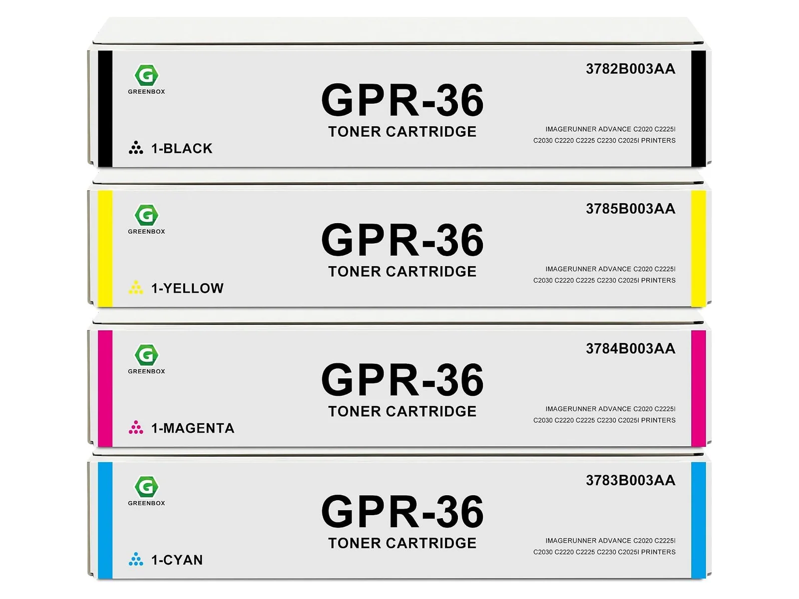 GREENBOX GPR-36 Toner Cartridge for Canon, 1 Black + 1 Cyan + 1 Magenta + 1 Yellow, 4-pack
