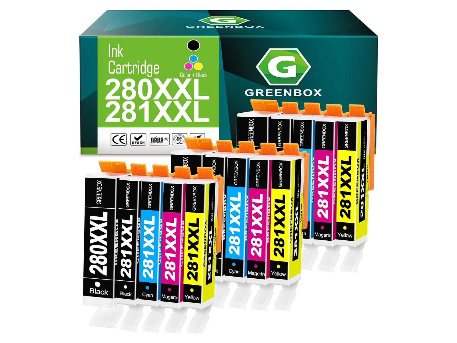 GREENBOX PGI-280XXL / CLI-281XXL Ink Cartridge for Canon, PGI-280XXL, 3 PGBK + 3 Small Black + 3 Cyan + 3 Magenta + 3 Yellow, 15-pack