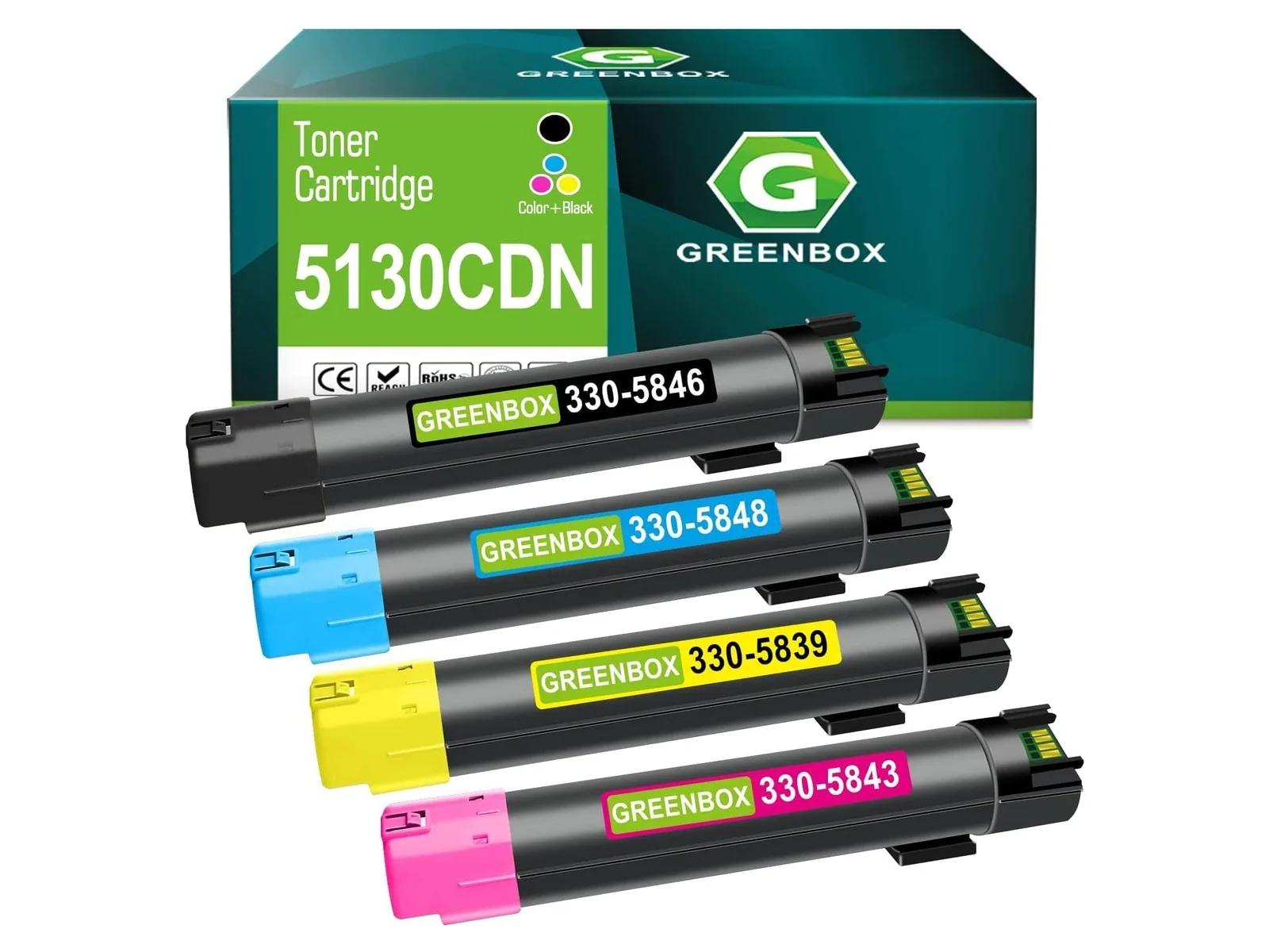 GREENBOX 5130CDN Toner Cartridge for Dell, 1 Black + 1 Cyan + 1 Yellow + 1 Magenta, 4-pack