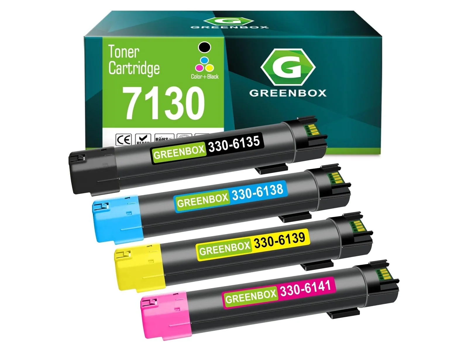 GREENBOX 7130 Toner Cartridge for Dell, 1 Black + 1 Cyan + 1 Magenta + 1 Yellow, 4-pack