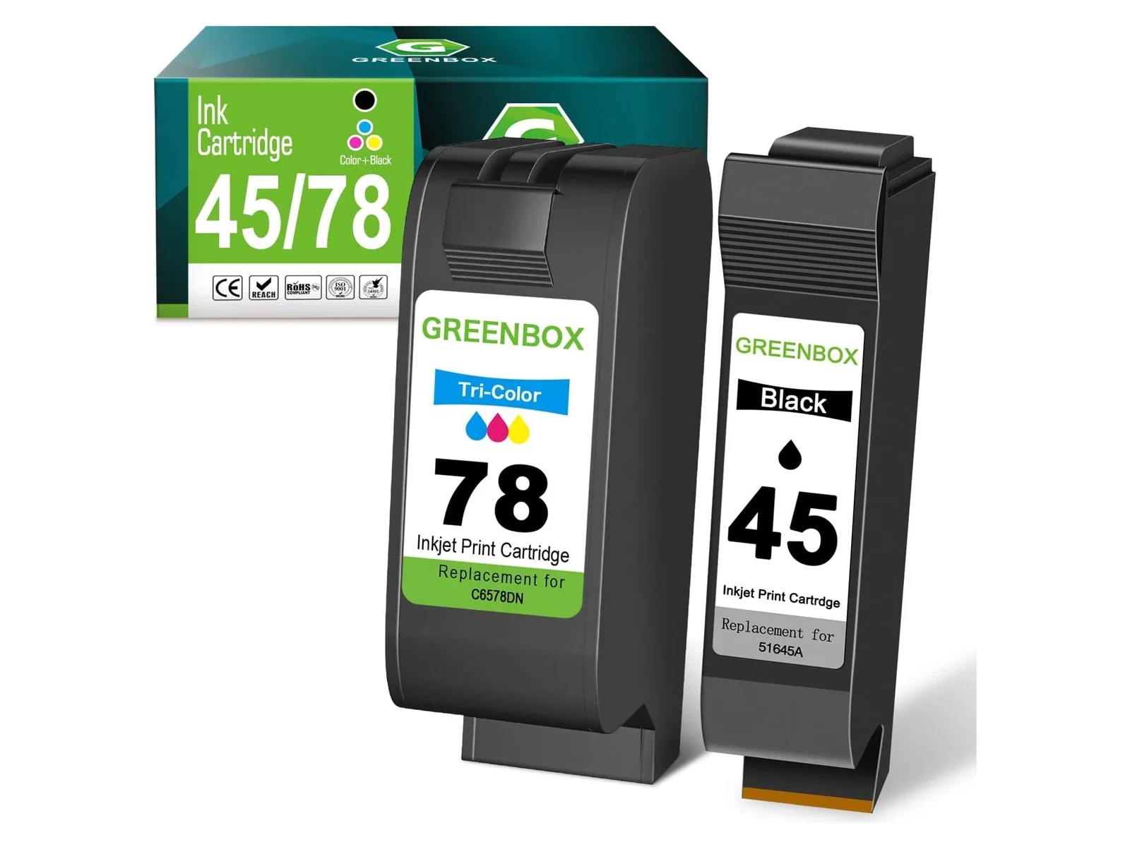 GREENBOX 45 / 78 Ink Cartridge for HP, 1 Black + 1 Tri-Color, 2-pack