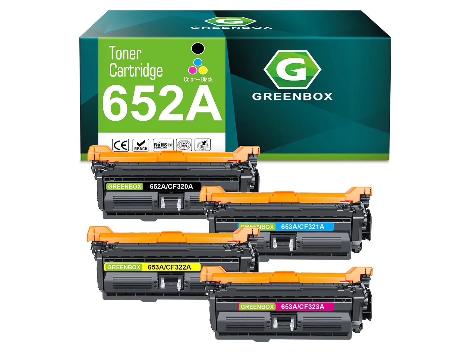 GREENBOX 652A / 653A Toner Cartridge for HP, 1 Black + 1 Cyan + 1 Magenta + 1 Yellow, 4-pack