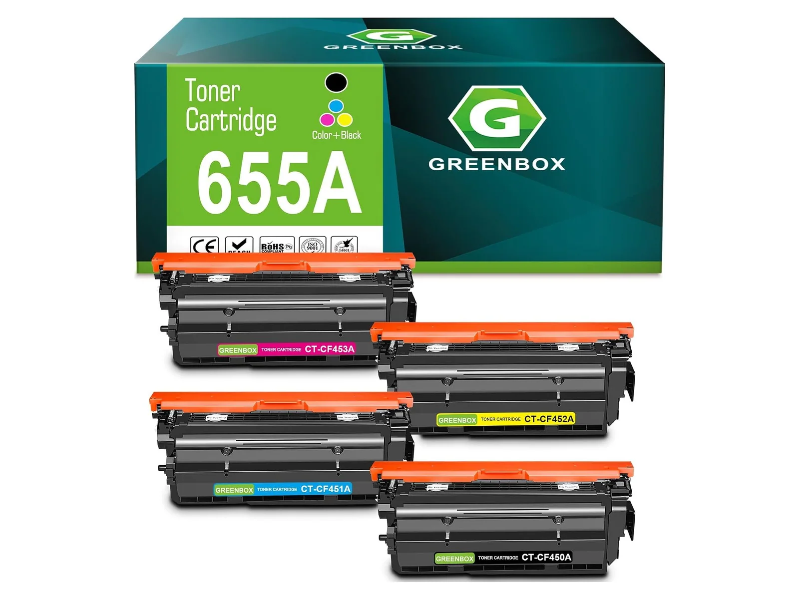GREENBOX 655A / CF450A Toner Cartridge for HP, 1 Black + 1 Cyan + 1 Magenta + 1 Yellow, 4-pack