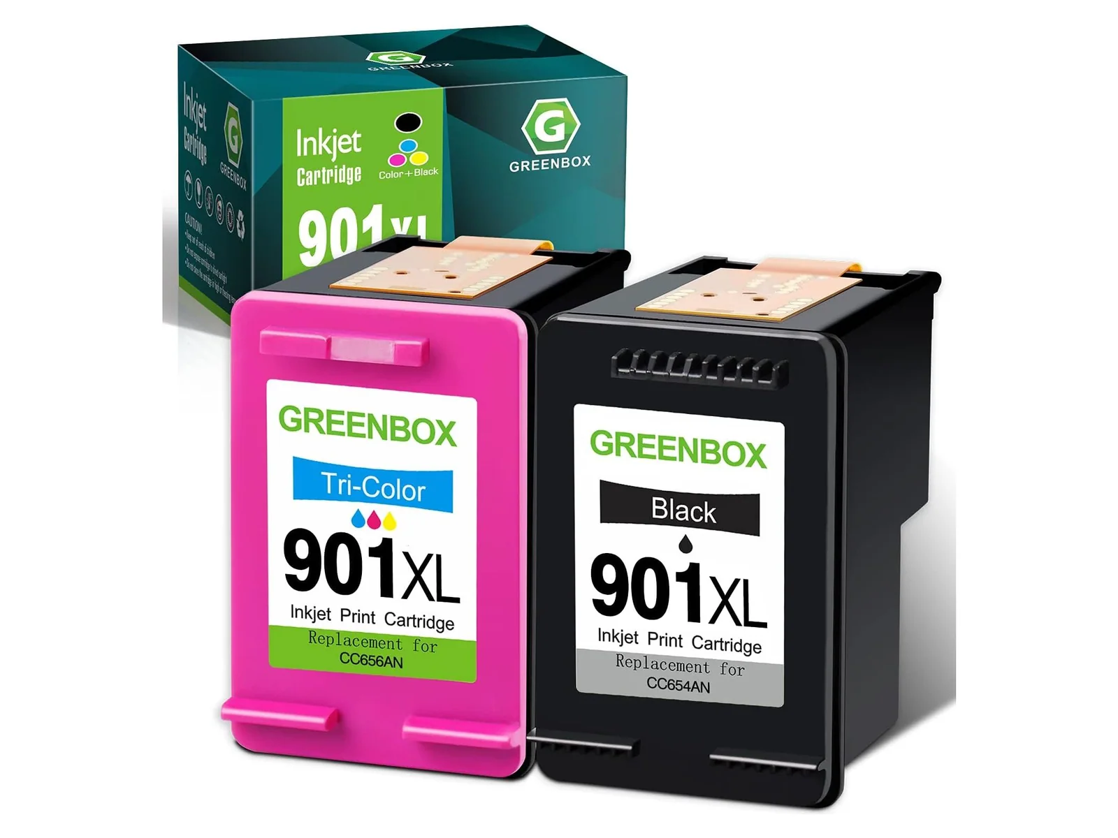 GREENBOX 901XL / 901 Ink Cartridge for HP, 1 Black + 1 Tri-Color, 4-pack