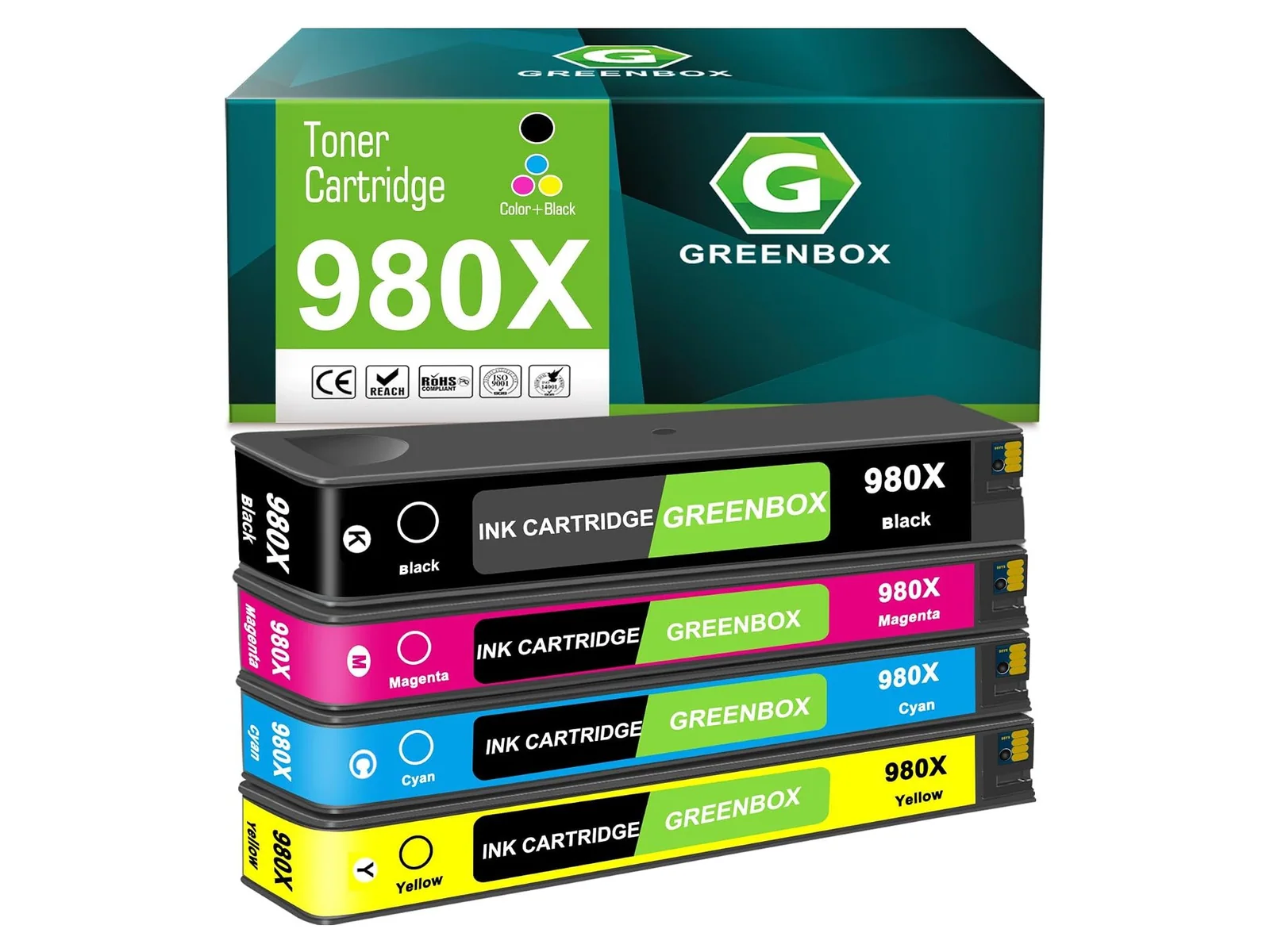 GREENBOX 980X / 980 Ink Cartridge for HP, 1 Black + 1 Cyan + 1 Magenta + 1 Yellow, 4-pack