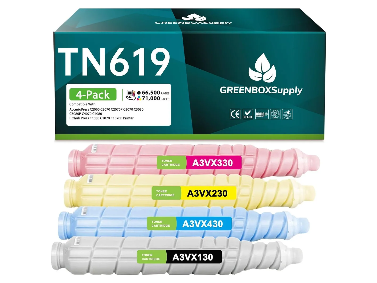 GREENBOX TN-619 Toner Cartridge for Konica Minolta, 1 Black + 1 Cyan + 1 Magenta + 1 Yellow, 4-pack