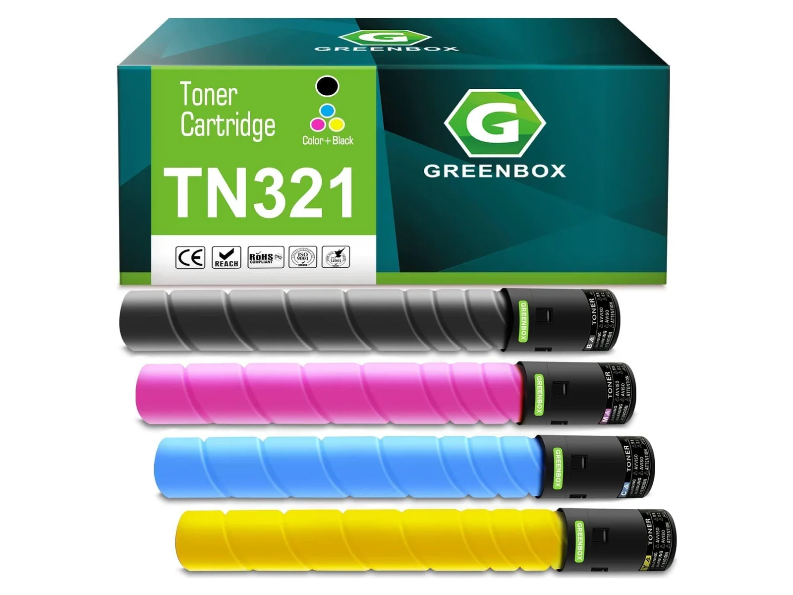 GREENBOX TN321 / TN322 Toner Cartridge for Konica Minolta, 1 Black + 1 Cyan + 1 Magenta + 1 Yellow, 4-pack
