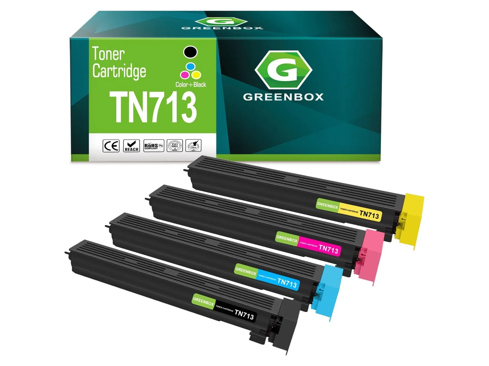 GREENBOX TN713 Toner Cartridge for Konica Minolta, 1 Black + 1 Cyan + 1 Yellow + 1 Magenta, 4-pack
