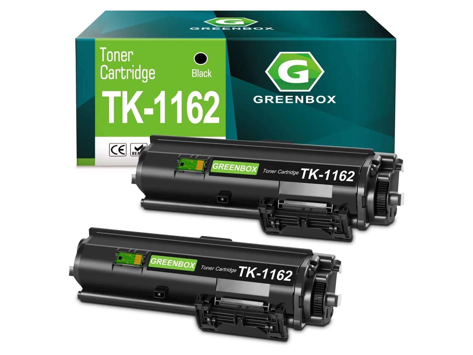 GREENBOX TK-1162 Toner Cartridge for Kyocera, 2 Black, 2-pack