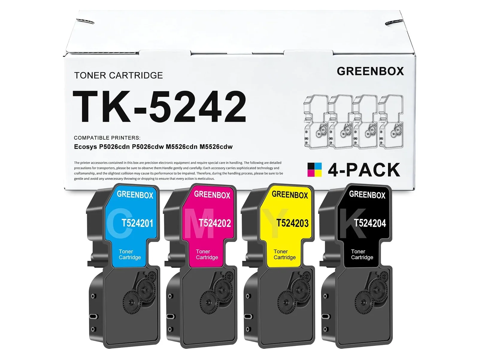 GREENBOX TK-5242 Toner Cartridge for Kyocera, 1 Black + 1 Cyan + 1 Magenta + 1 Yellow, 4-pack