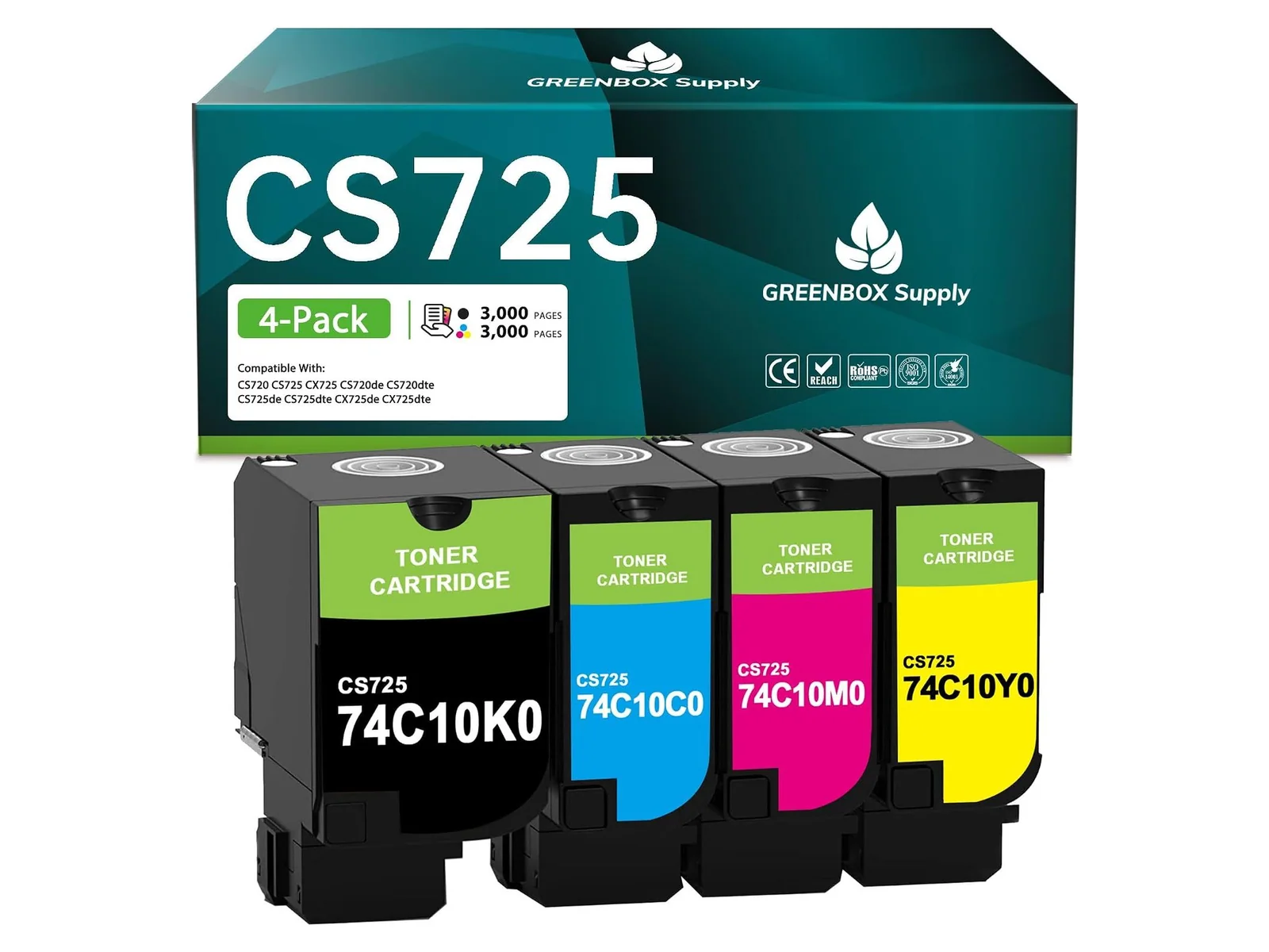 GREENBOX 74C10 / CS725 Toner Cartridge for Lexmark, 1 Black + 1 Cyan + 1 Magenta + 1 Yellow, 4-pack