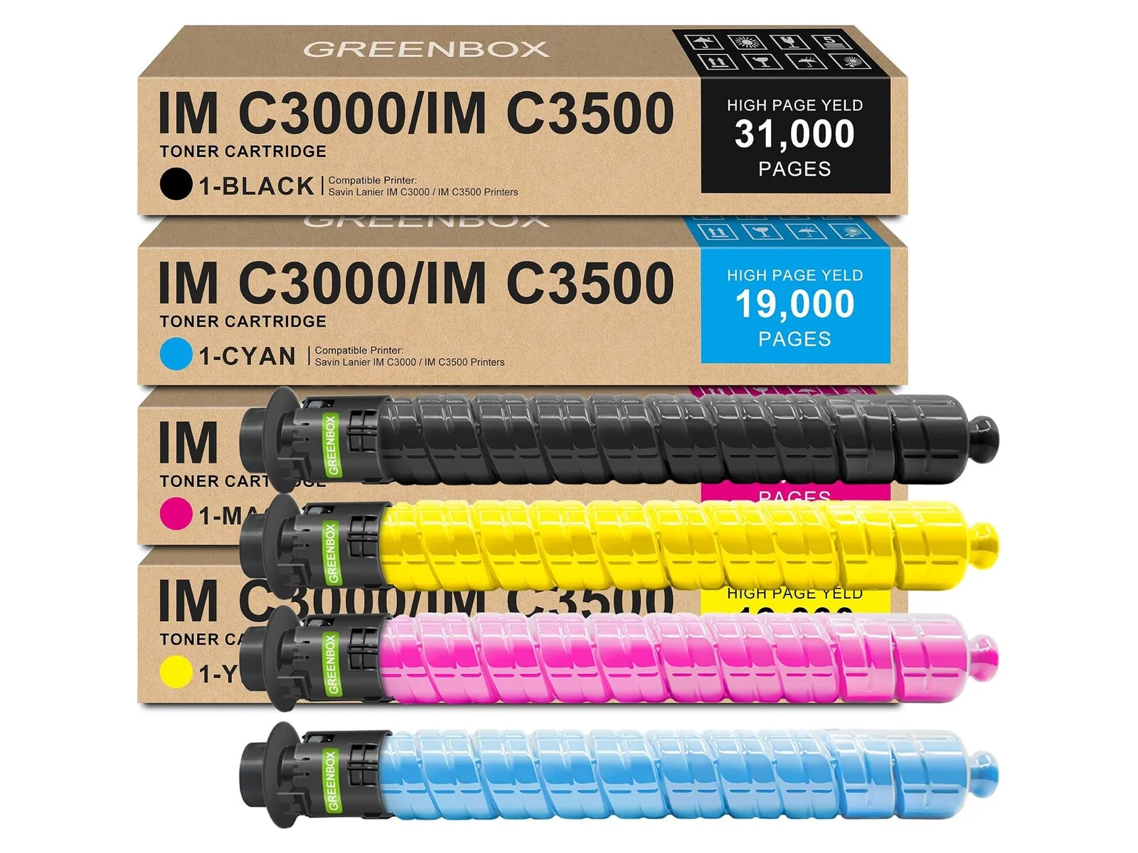 GREENBOX IMC3000 / IMC3500 Toner Cartridge for Ricoh, 1 Black + 1 Cyan + 1 Magenta + 1 Yellow, 4-pack