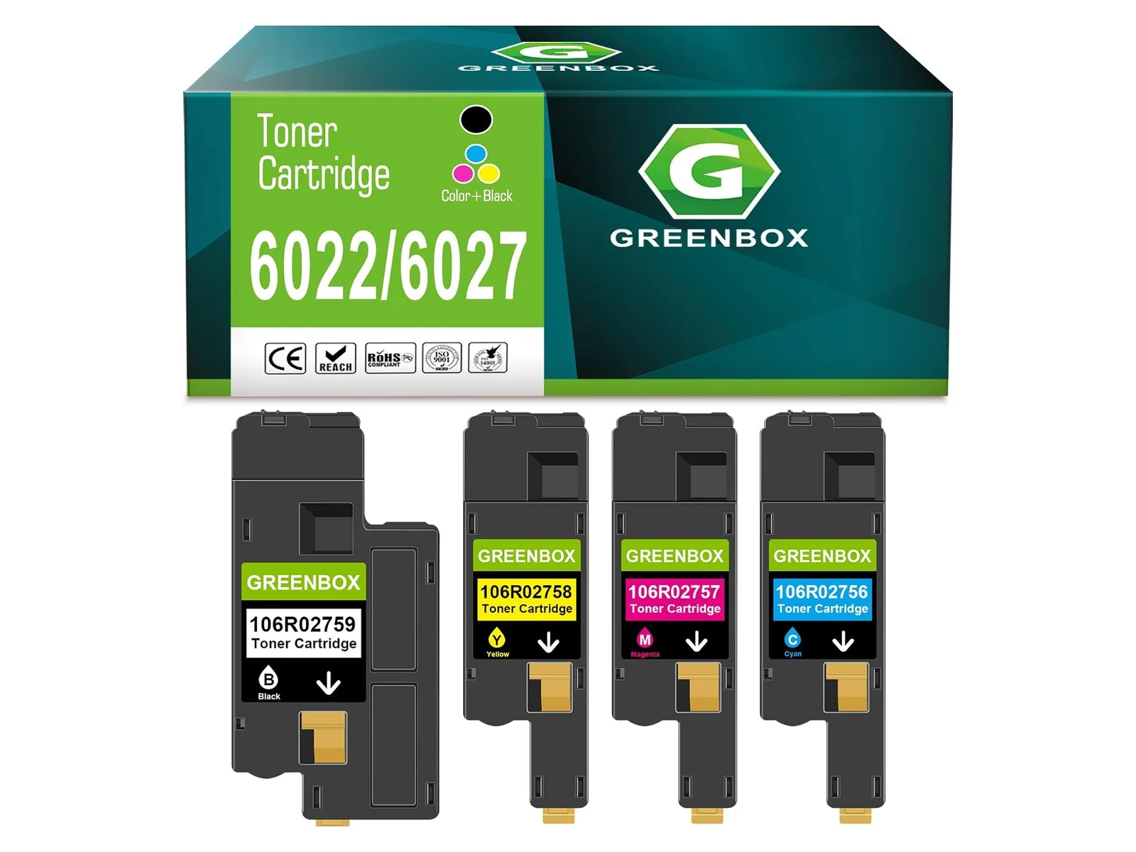 GREENBOX 6022 / 6027 Toner Cartridge for Xerox, 1 Black + 1 Cyan + 1 Yellow + 1 Magenta, 4-pack