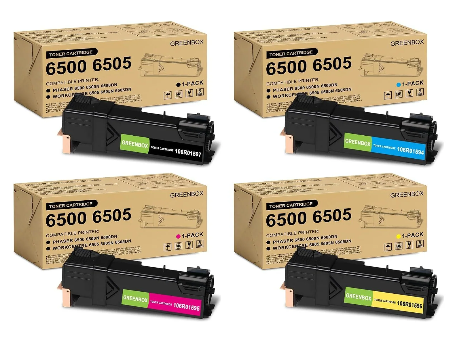 GREENBOX 6500 / 6505 Toner Cartridge for Xerox, 1 Black + 1 Cyan + 1 Magenta + 1 Yellow, 4-pack