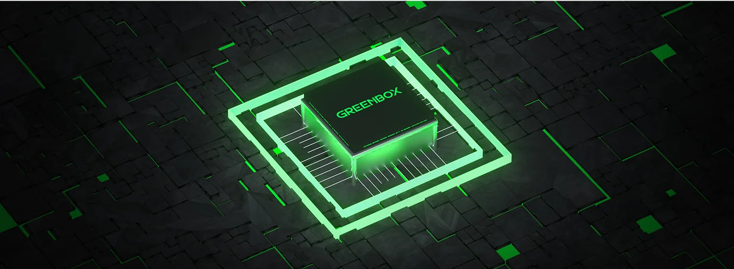 A glowing green chip marked GREENBOX on a dark circuit surface